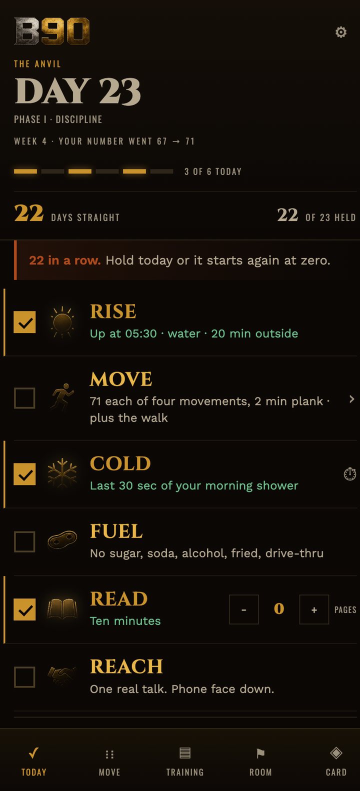 The BUILT 90 app showing the six daily standards